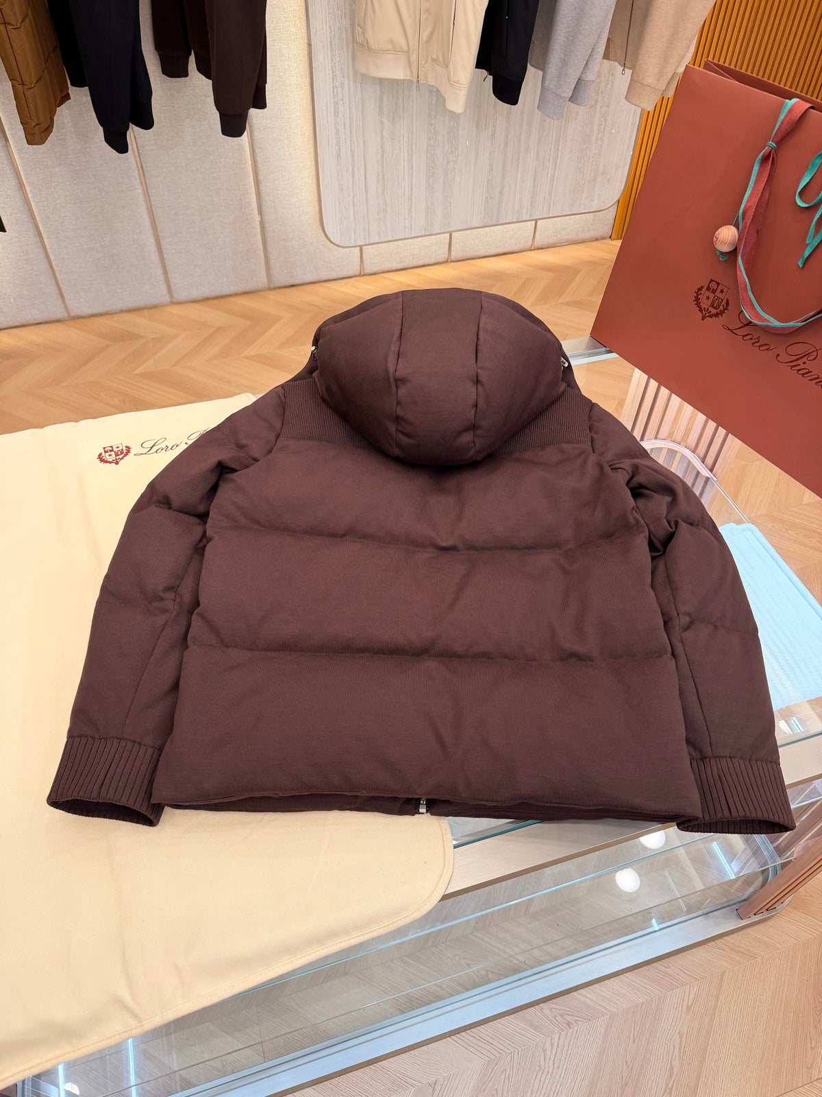 Wool blend hooded down jacket