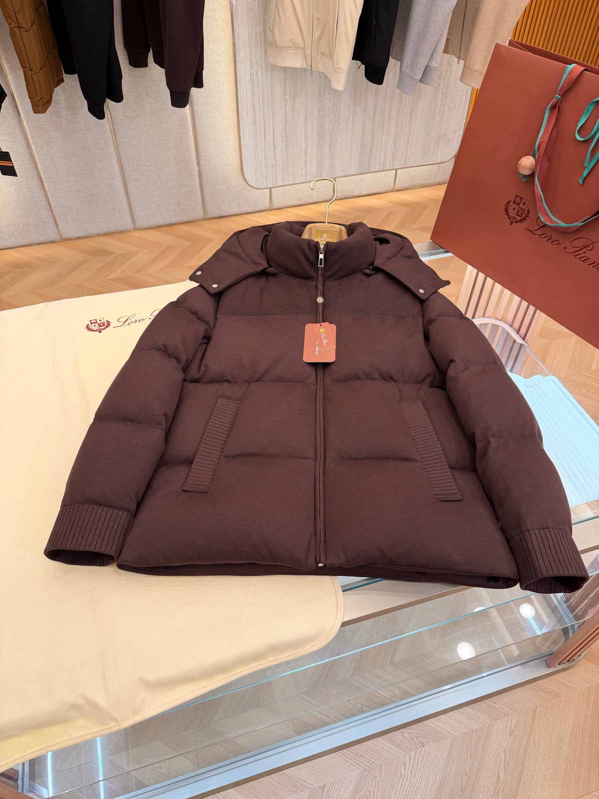 Wool blend hooded down jacket