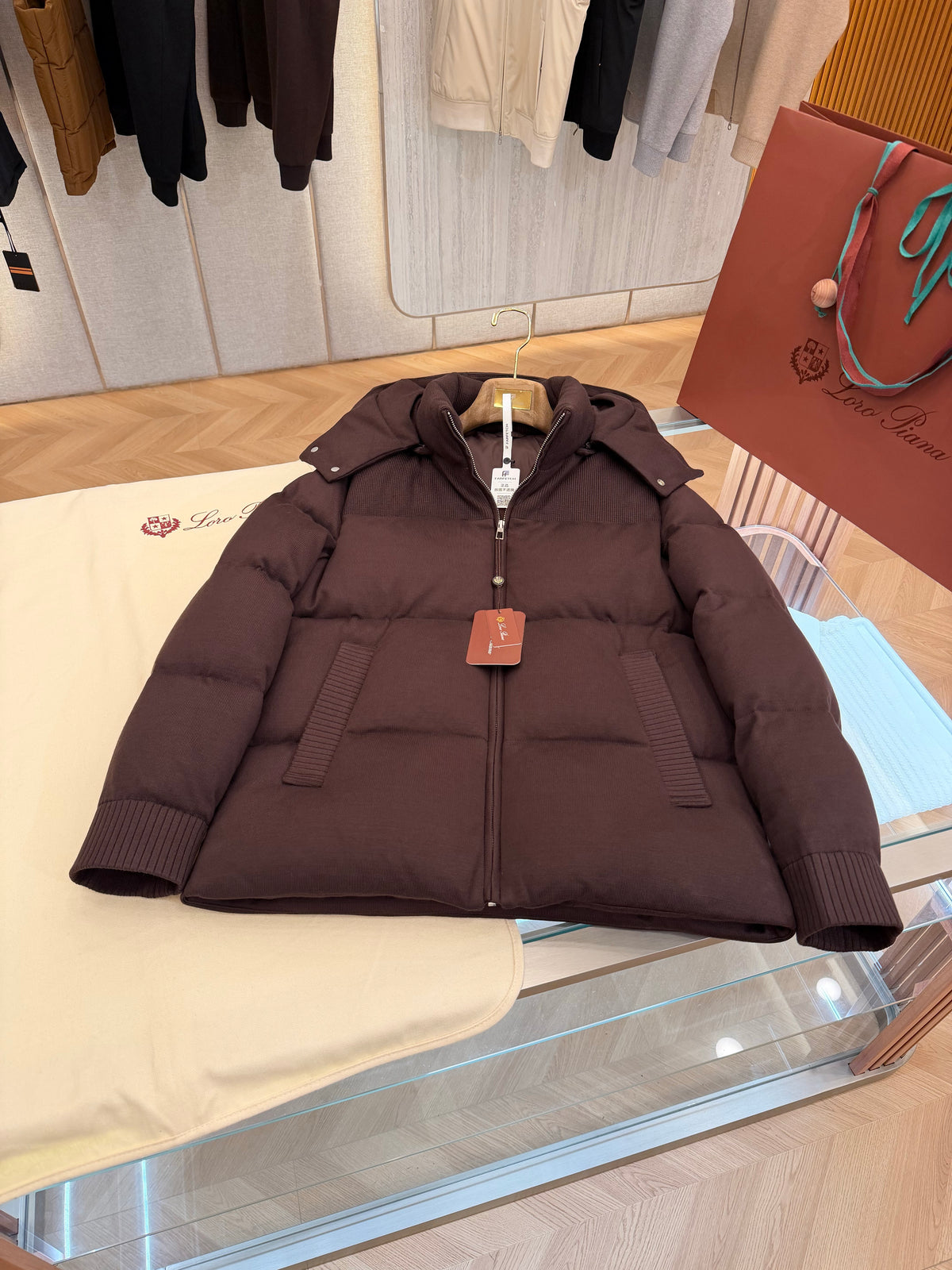 Wool blend hooded down jacket