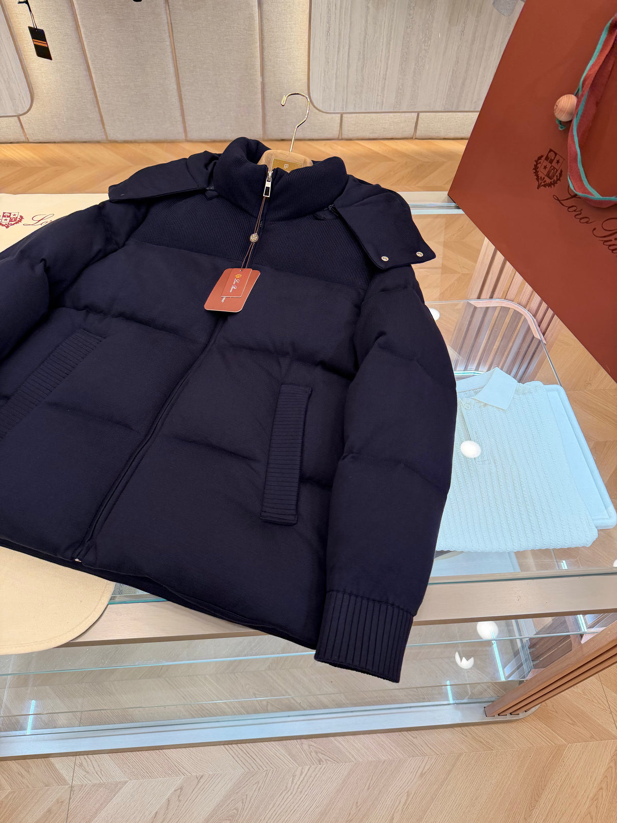 Wool blend hooded down jacket