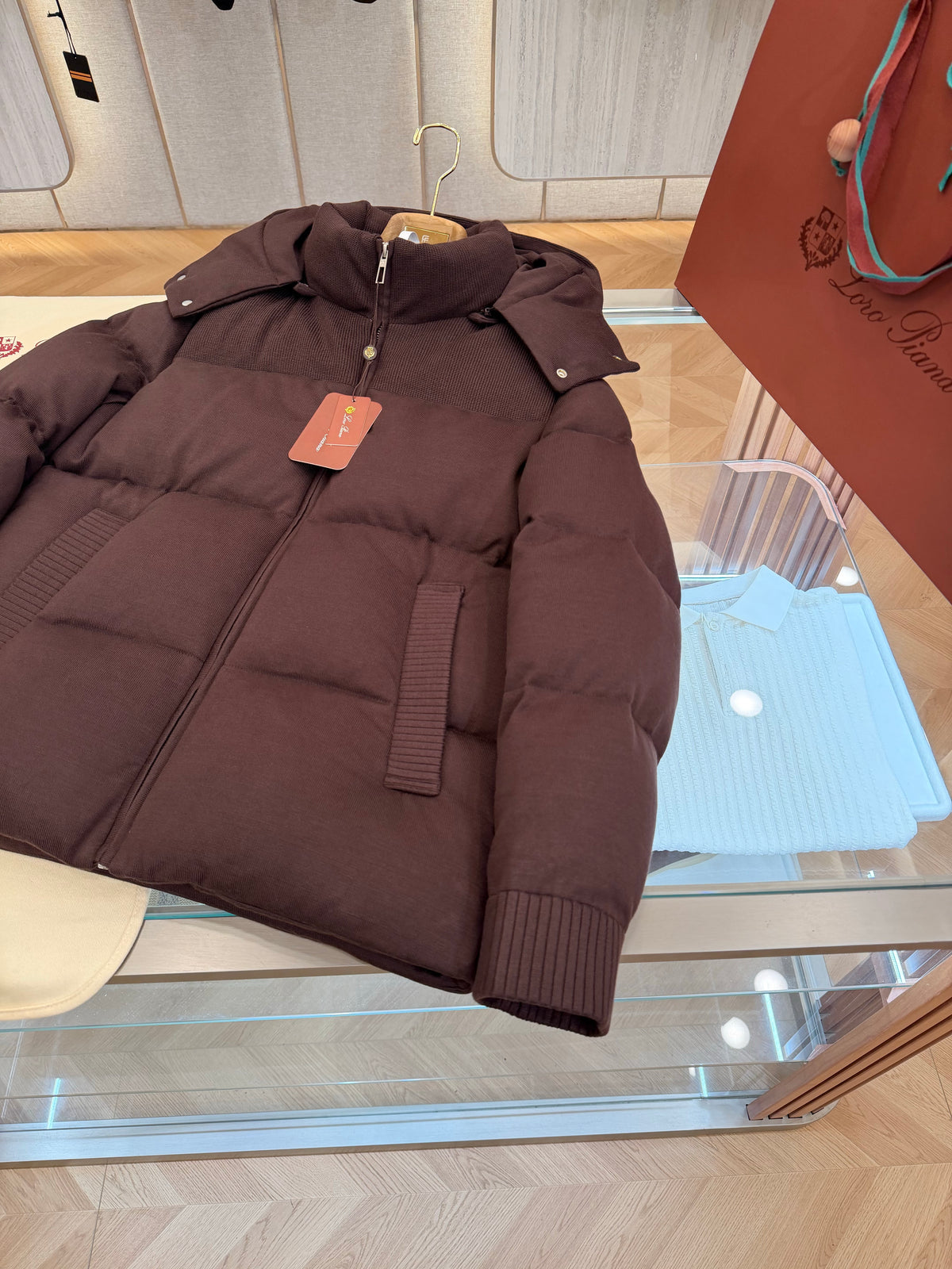 Wool blend hooded down jacket