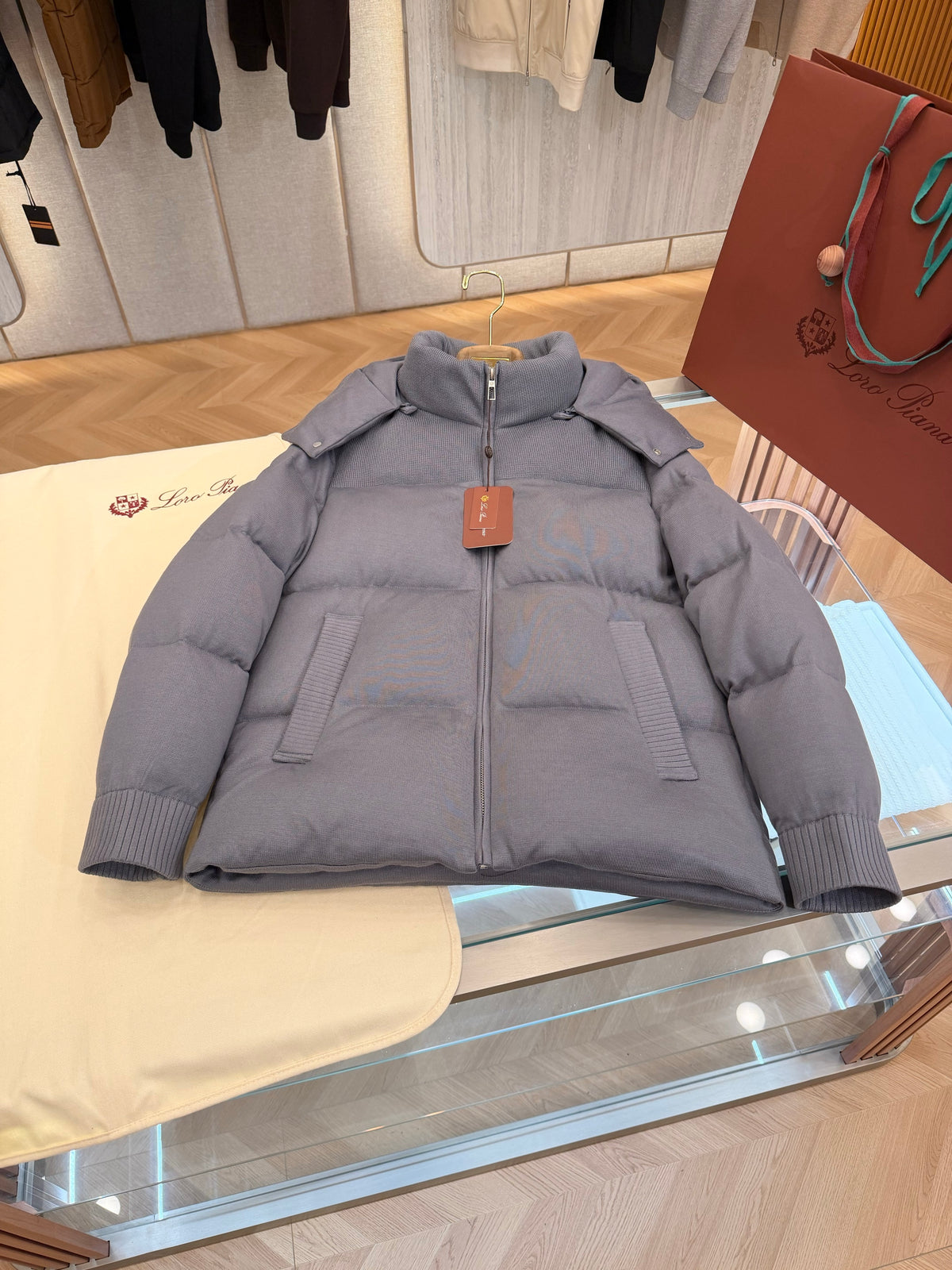 Wool blend hooded down jacket