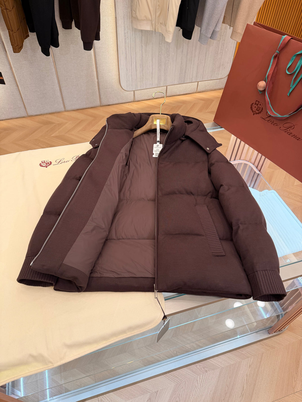 Wool blend hooded down jacket