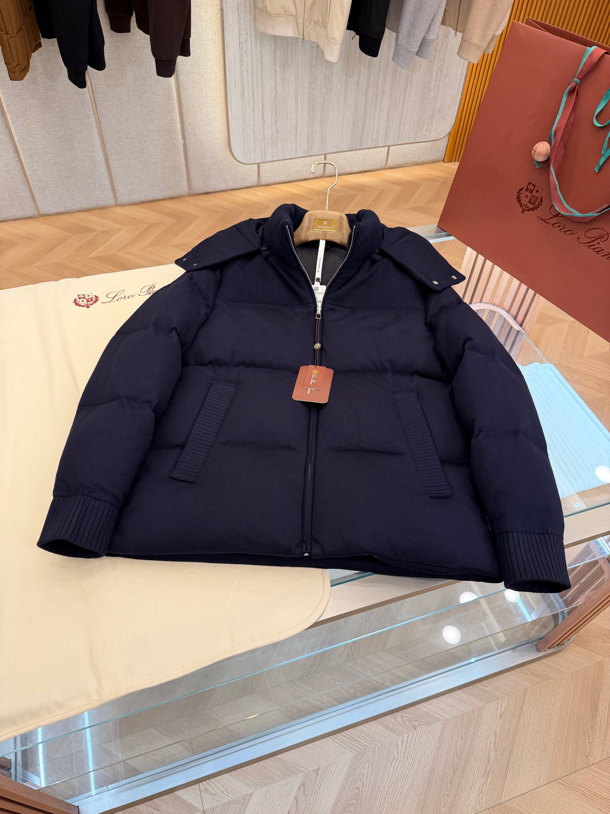 Wool blend hooded down jacket