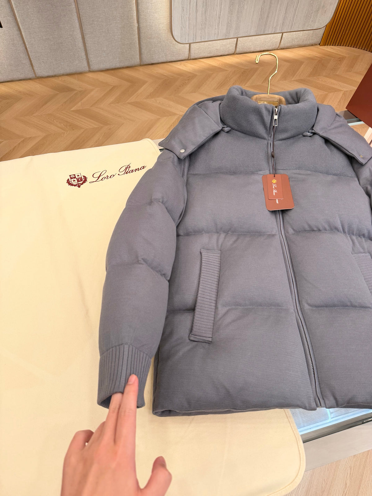 Wool blend hooded down jacket