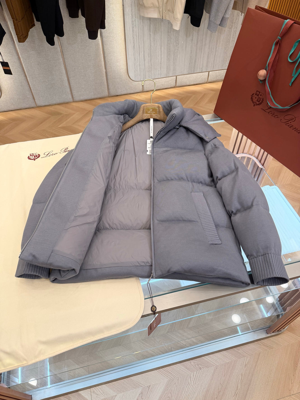 Wool blend hooded down jacket