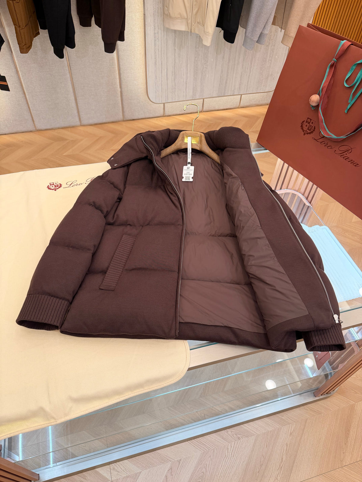 Wool blend hooded down jacket