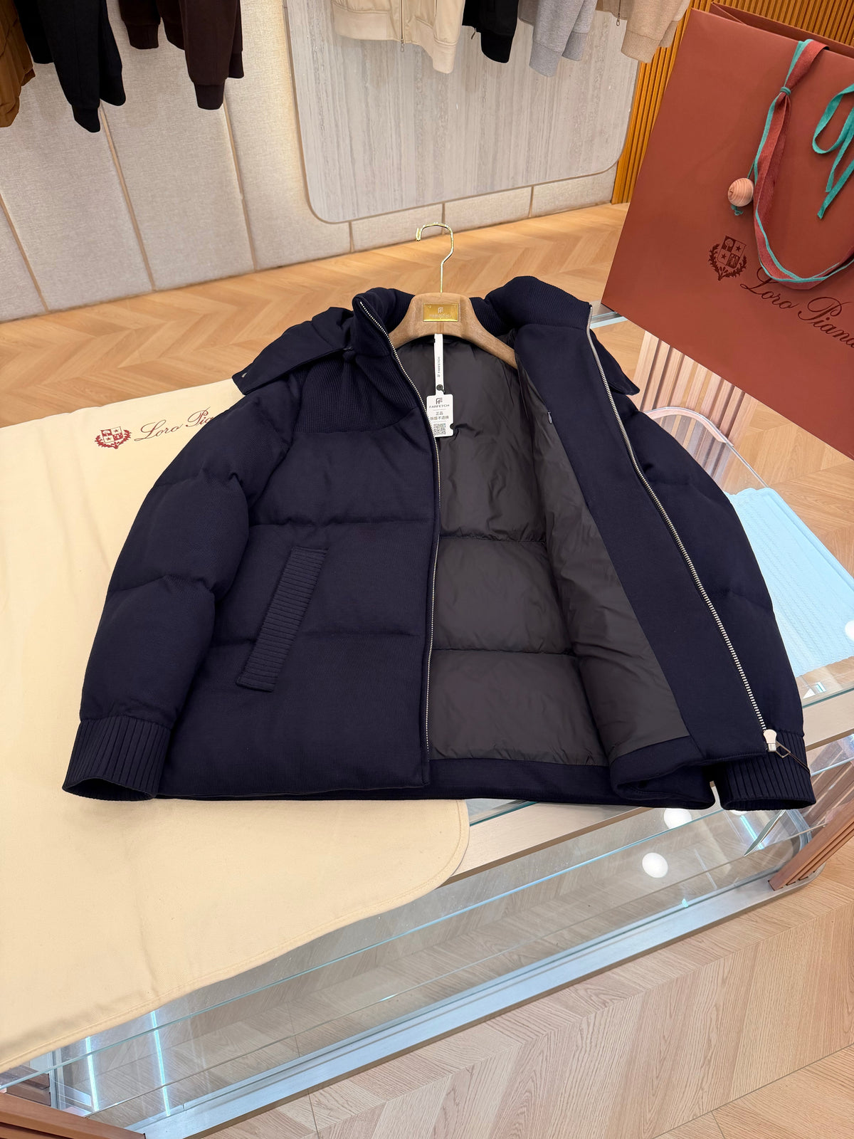 Wool blend hooded down jacket